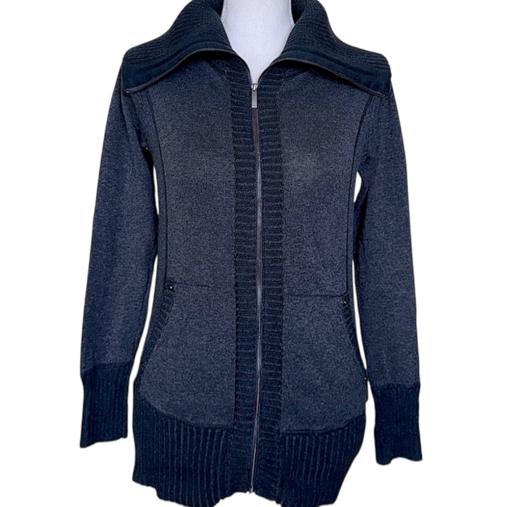 Cache Charcoal Gray Full-Zip Sweater Jacket Oversized Collar Ribbed Knit Sz S
